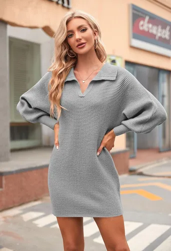 Vista 3 de Meenew Vestido de suéter de manga farol para mujer, cuello en V, ajustado, minivestido de punto