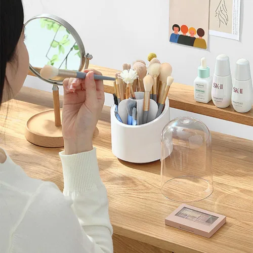 Vista 4 de Fantasee Organizador de brochas de maquillaje giratorio de 360°, almacenamiento de 7 compartimentos con cubierta transparente a prueba de polvo