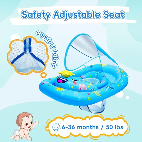 Vista 5 de Baby Float with Canopy- UPF50+ Sun Protection Baby Pool Float，Inflatable Kids Pool Float with Adjustable Safety Seat for 6-36 Months Kids