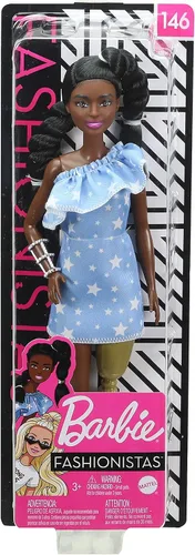 Vista 7 de Barbie Fashionistas - Muñeca #146 con 2 trenzas trenzadas y prótesis de pierna con vestido estampado de estrellas, zapatos blancos y pulsera