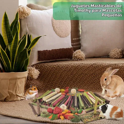 Vista 6 de ERKOON 106 PIEZAS Juguetes Masticables de Conejo para Dientes de Conejos, Juguetes Naturales para Conejos Palitos de Madera de Manzano, Zanahoria