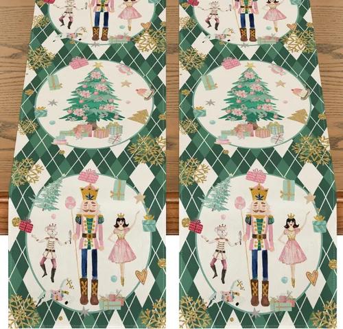 Vista 13 de Artoid Mode Camino de mesa de Navidad con diseño de cascanueces y copos de nieve con diamantes azules a cuadros, decoración estacional de invierno