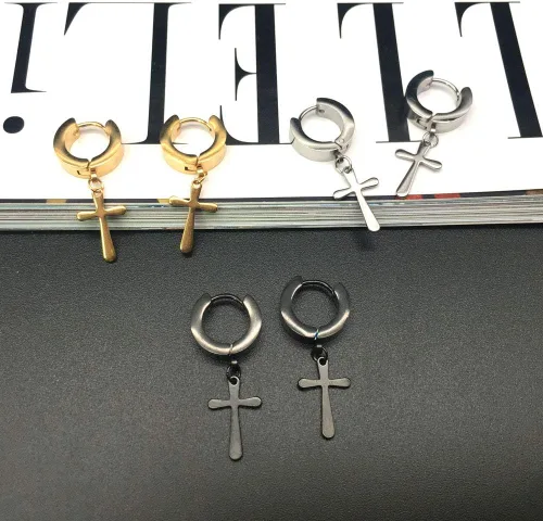 Vista 8 de Halawly Juego de aretes de aro de acero inoxidable para mujeres y niñas, 3 pares6 pares10 pares pequeños, enormes plateados, dorados, negros, cruz