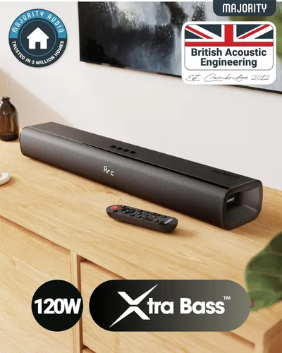 Vista 5 de Majority Barra de sonido de TV Bluetooth de 120 W para Smart TV, 24 pulgadas, 2.1 canales, sonido 3D con subwoofer integrado, control