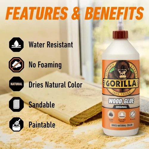 Vista 3 de Gorilla Pegamento para madera, proyectos de carpintería para interiores y exteriores, pintable, lijable, resistente a la humedad, sujeción