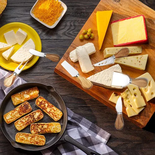 Vista 4 de Juego de cuchillos de queso de 6 piezas, cuchillos de queso de acero inoxidable con mango de madera de acacia para tabla de embutidos