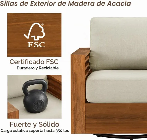 Vista 5 de CHITA Juego de 3 piezas de acacia para patio, silla giratoria para muebles