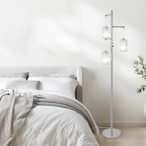 Vista 4 de Lámpara de pie moderna de cristal para sala de estar, lámpara de pie regulable de 3 luces, lámpara de árbol industrial plateada con pantalla