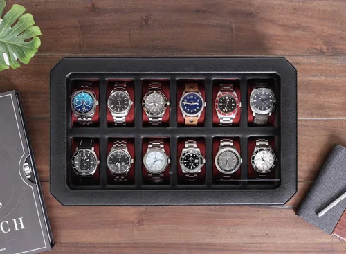 Vista 3 de ROTHWELL Caja de reloj de cuero con 12 ranuras, organizador de lujo para relojes, forro de microgamuza, soporte para relojes de joyería para hombre