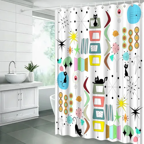 Vista 5 de Mid Century Modern Shower Curtain Black Cat Retro Atomic Sputnik Boomerangs Abstract Geometric Iconic 50s 60s Vintage Aesthetics Art Polyester