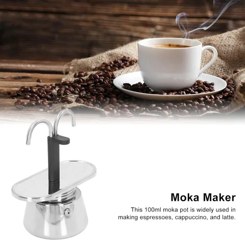 Vista 3 de Olla Moka de acero inoxidable, máquina de café expreso, olla moka de doble tubo de 3.4 fl oz, cafetera italiana y cubana con colador para café