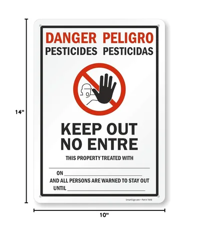 Vista 2 de SmartSign -S-4971-AL-14 Letrero bilingüe "Peligro - Pesticidas, Keep Out" Aluminio de 10" x 14", Negro/Rojo sobre Blanco