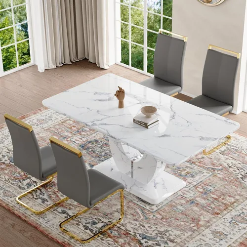 Vista 27 de JUFU Juego de mesa de comedor moderno para 4, juego de mesa de cocina rectangular de 63 pulgadas con mesa de mármol sintético y 4 sillas tapizadas