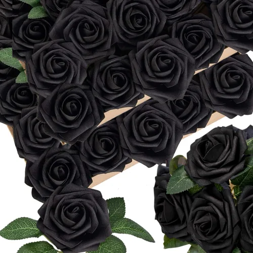 Vista 5 de 25 piezas Flores Artificiales de Espuma Rosas Falsas con Tallos 8 Hojas Rosas Sintéticas de Aspecto Real para Ramos de Boda Centros de Mesa de Negro