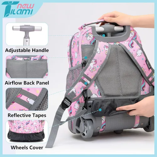 Vista 7 de Mochila rodante de 16 pulgadas, nueva mochila TILAMI para laptop con ruedas para niñas y niños en la escuela, Unicorn