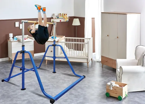 Vista 7 de Foldable Gymnastics Kip Bar with Rings & Bar Pad, 3 FT–5 FT Adjustable Horizontal Bar for Kids, 7-Level Height, 300 LBS Weight Capacity, Indoor Home