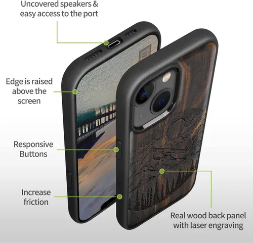 Vista 9 de Carveit Funda magnética de madera para iPhone 14 [madera natural y TPU suave negro] Funda protectora de madera única y elegante a prueba de golpes