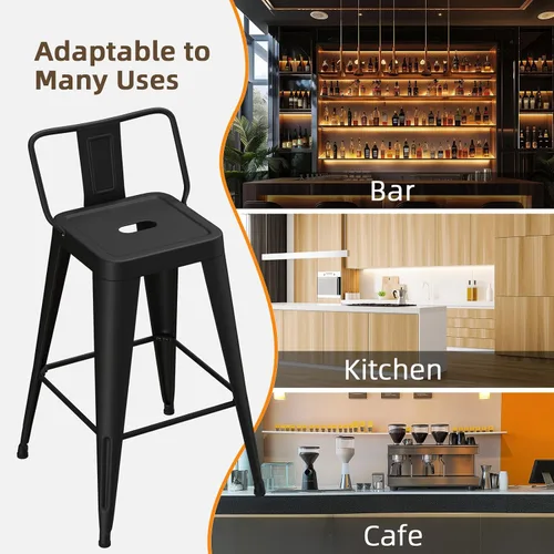 Vista 9 de Juego de 4 taburetes de bar de metal, taburetes de bar de altura de mostrador con respaldo bajo, sillas de bar industriales modernas de 24 pulgadas