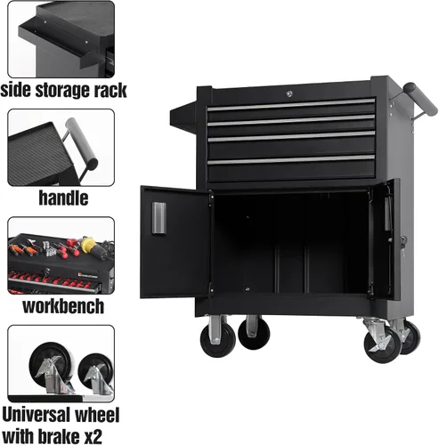 Vista 4 de 66 cm Caja de herramientas profesional con carro de acero de alta resistencia, caja de herramientas con ruedas con 4 cajones con cerradura