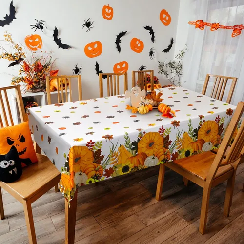 Vista 5 de Peryiter 4 manteles de otoño de Acción de Gracias, de 54 x 108 pulgadas, desechables, de plástico, rectangular, de plástico, con calabaza, cubierta
