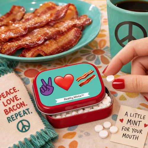Vista 2 de Peace Love - Mentas de tocino divertidas para amigos, lindos rellenos de calcetines para amantes del tocino, menta, mentas, corazón, emojis, broma