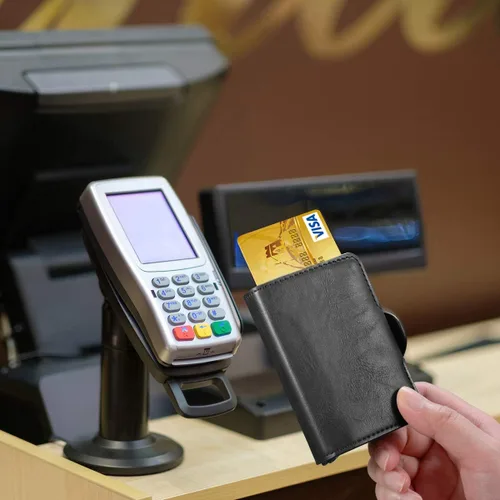 Vista 7 de Tarjetero para hombre, tarjetero delgado para tarjetas de crédito, bolsillo frontal, antirrobo, RFID, autoemergente, para viajes, billeteras