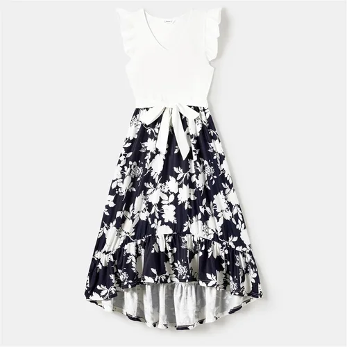 Vista 2 de PATPAT Conjunto de vestidos familiares a juego para madre e hija con estampado floral y puños con volantes y camisetas de manga corta