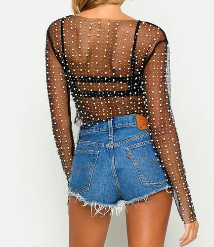 Vista 2 de Blusa corta de malla transparente para mujer, con diamantes de imitación brillantes, manga larga
