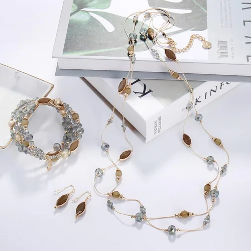Vista 2 de Coiris Collar largo con cuentas de alambre de ilusión de 2 capas con pendientes, collar largo para mujer