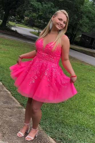 Vista 5 de Vestidos de tul con apliques de encaje, vestido corto de lentejuelas brillantes, tirantes delgados, cuello en V, vestidos de cóctel