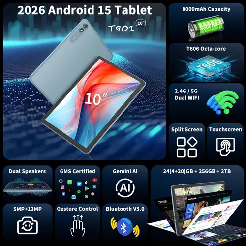 Vista 3 de Tablet Android 15 de 10 pulgadas, tableta 2026 con teclado, 24GB+256GB+2TB Expand, tabletas 2 en 1 con Gemini AI, Octa-Core, 8000mAh, WiFi 5G