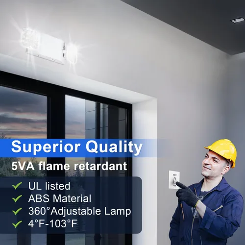 Vista 3 de Luces de emergencia LED con batería de respaldo, dos luces LED de emergencia comerciales ajustables, CA 120/277V, certificado UL 924, accesorio