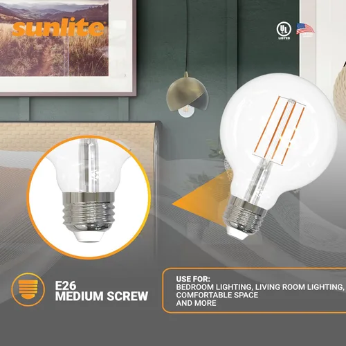 Vista 5 de Sunlite Bombillas LED G25 de 8.5 W, equivalente a 100 W, ámbar de 2200 K, filamento largo, bombillas LED vintage, bombillas de globo LED