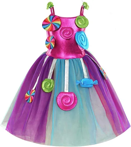 Vista 2 de Disfraz de caramelo de arcoíris para niñas, vestido tutú de princesa caramelo con aro para el pelo, cumpleaños, fiesta de Halloween