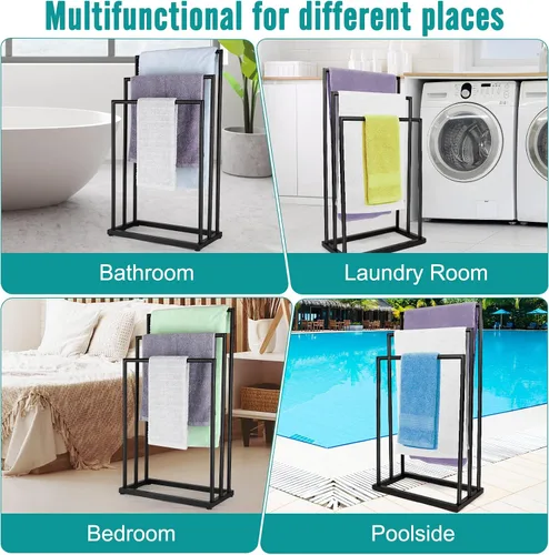Vista 7 de Toallero de pie independiente, toallero de acero inoxidable de 3 niveles para baño, toallero independiente para toallas de baño, toallas de baño