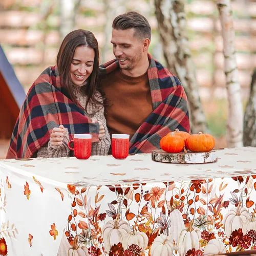 Vista 6 de Newwiee 4 manteles de plástico de otoño, manteles de plástico de Acción de Gracias, diseño de calabaza silvestre, mantel rectangular de otoño