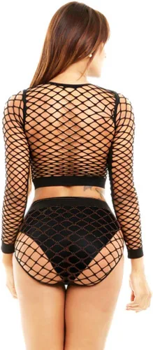 Vista 3 de Conjunto de lencería de malla para mujer, babydoll de malla, talla grande, camisa transparente de manga larga