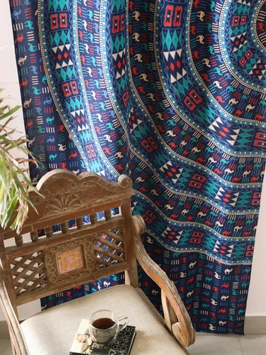 Vista 5 de Popular Handicrafts Cortinas hippie azul con mandala de camello de 100 pulgadas de largo para sala de estar o dormitorio, juego de 2 paneles