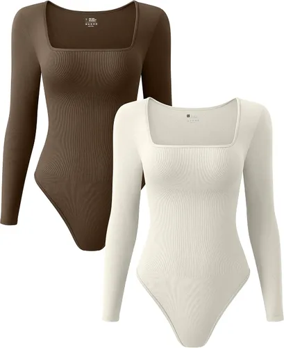 Vista 10 de OQQ Body de 2 piezas para mujer, sexy, acanalado, de una pieza, cuello cuadrado, manga larga, tops Negro Beige