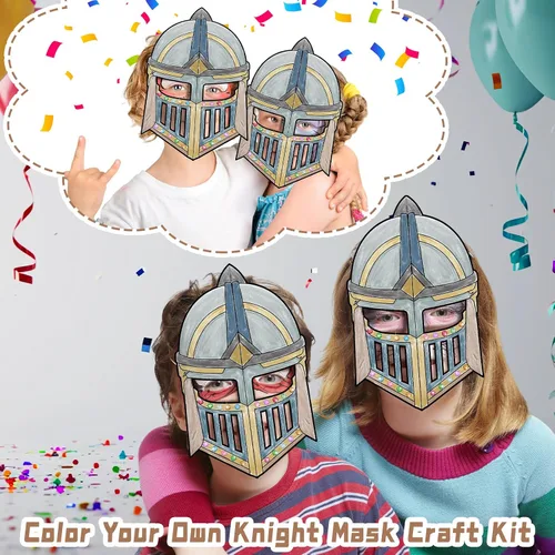 Vista 4 de 24 Pack Color Your Own Knight Mask Craft Kit DIY Knight Paper Mask for Kid Party Favors Helmet Craft, Medieval Armor Theme, Princess Decoration
