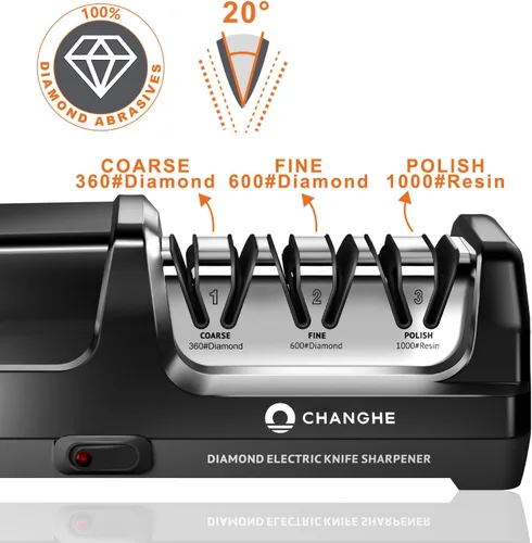 Vista 2 de Afilador eléctrico de cuchillos de cocina, abrasivos de diamante de 3 etapas de grano 360, grano 600 y grano 1000 para afilar cuchillos de acero