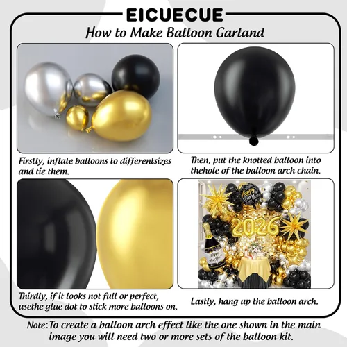 Vista 3 de Kit de arco de guirnalda de globos plateados negros y dorados, globos de diferentes tamaños, globos negros metálicos dorados metálicos y plateados