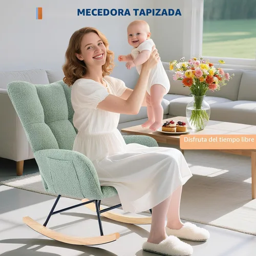 Vista 7 de Mecedora deslizadora tapizada con patas de madera para sala de estar, dormitorio, cuarto de bebé, incluye bolsillos laterales