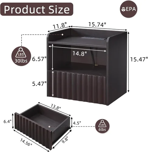 Vista 2 de BuildHom Moderna mesita de noche flotante acanalada montada en la pared, juego de 2 mesitas de noche con cajón de almacenamiento y estante