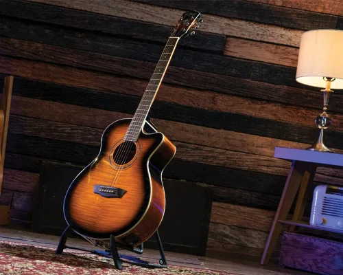 Vista 16 de Washburn Festival EA15 Mini Jumbo Cutaway, guitarra eléctrica acústica, ráfaga de tabaco Parte superior de arce figurada; Mini corte gigante