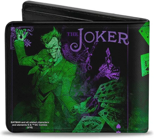 Vista 2 de Buckle-Down Cartera de piel sintética con hebilla de plumón para hombre diseño de The Joker Card Flipping Poses color negro verdesmorados multicolor