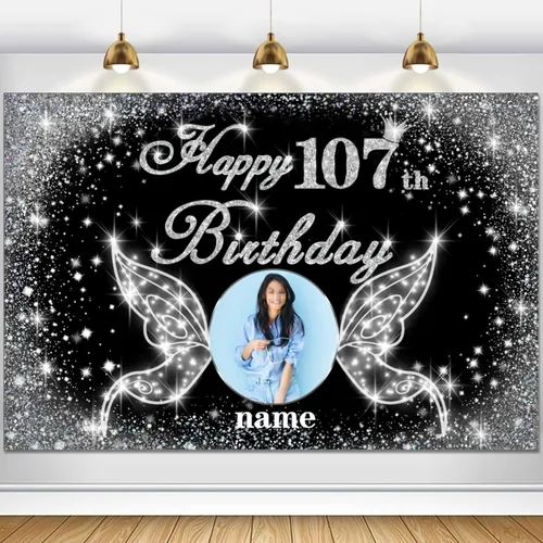 Vista 19 de Cartel personalizado de decoración de fiesta de cumpleaños número 100 - tema de alas de ángel - negro y plateado HY-NLK-100º