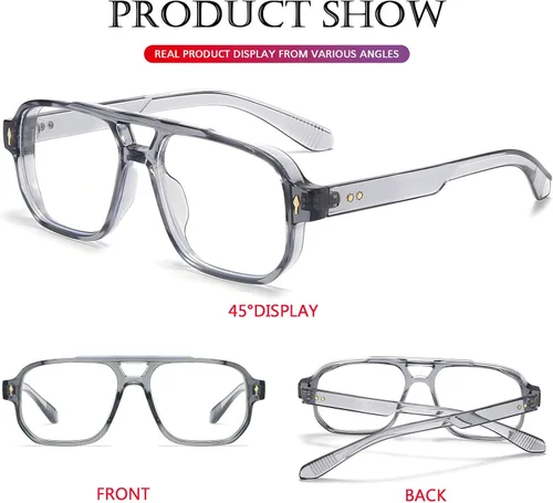 Vista 6 de PORADAY Gafas de Bloqueo de Luz Azul para Mujeres y Hombres Estilo Retro Cuadrado de los Años 70 Gafas de Aviador Gafas Rectangulares para gris