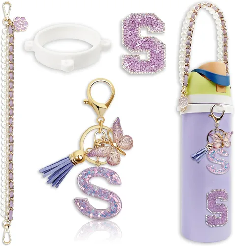 Vista 9 de Letter Handle Strap Accessories with Cute Initial Charm Compatible with Owala Water Bottle 24oz 32oz 40oz Owala Kids