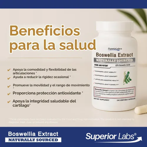 Vista 3 de Extracto de Boswellia no sintético. De Superior Labs. Por 0.018 oz y 240 cápsulas vegetales.